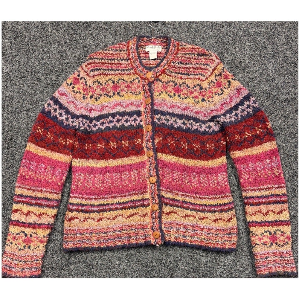 NorthStyle Cardigan Womens L Pink Multi Fair Isle Boucle Knit Button Sweater